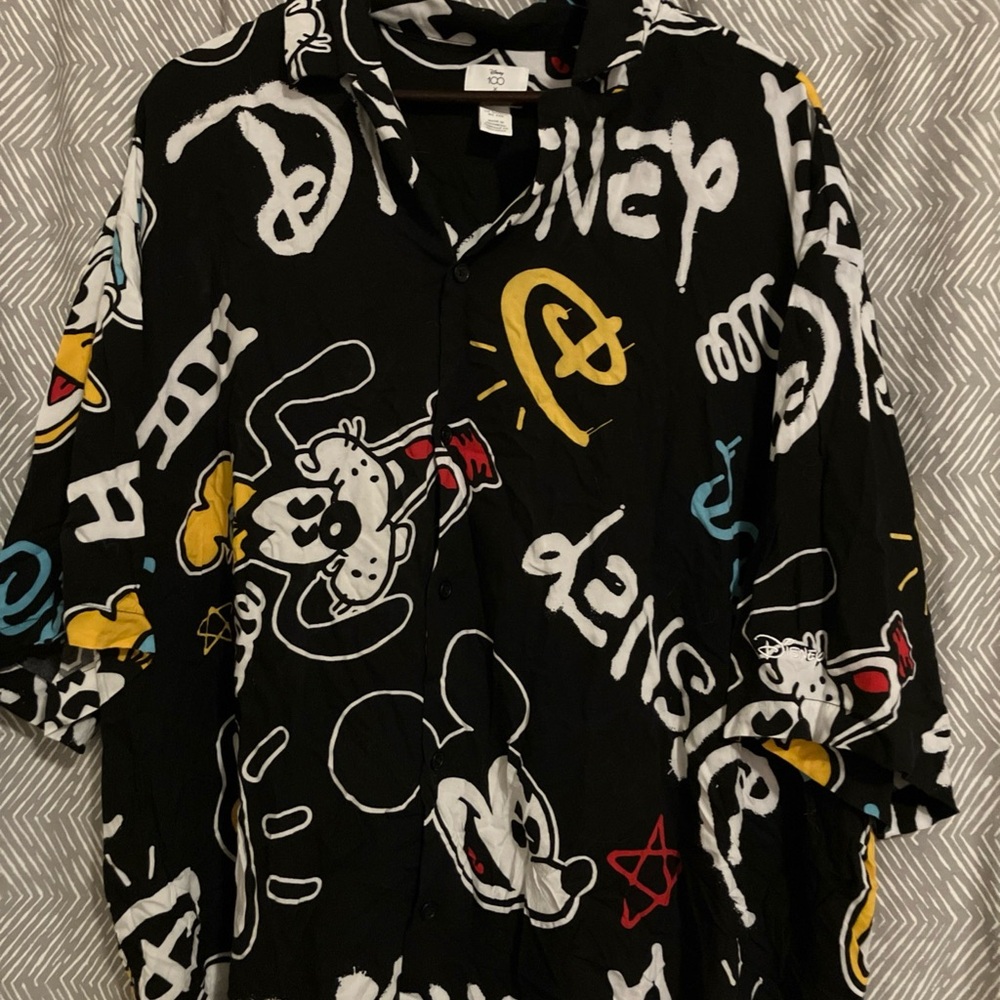HM X Disney 100 Mens Shirt XXL Black Button Up All Over Mickey Donald Goofy
